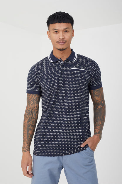 Brave Soul Navy Cotton Print Polo Shirt - Navy Image 1