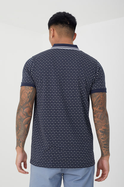 Brave Soul Navy Cotton Print Polo Shirt - Navy Image 2