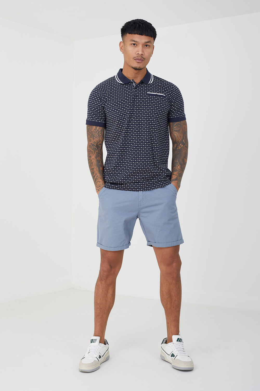 Brave Soul Navy Cotton Print Polo Shirt - Navy Image 3