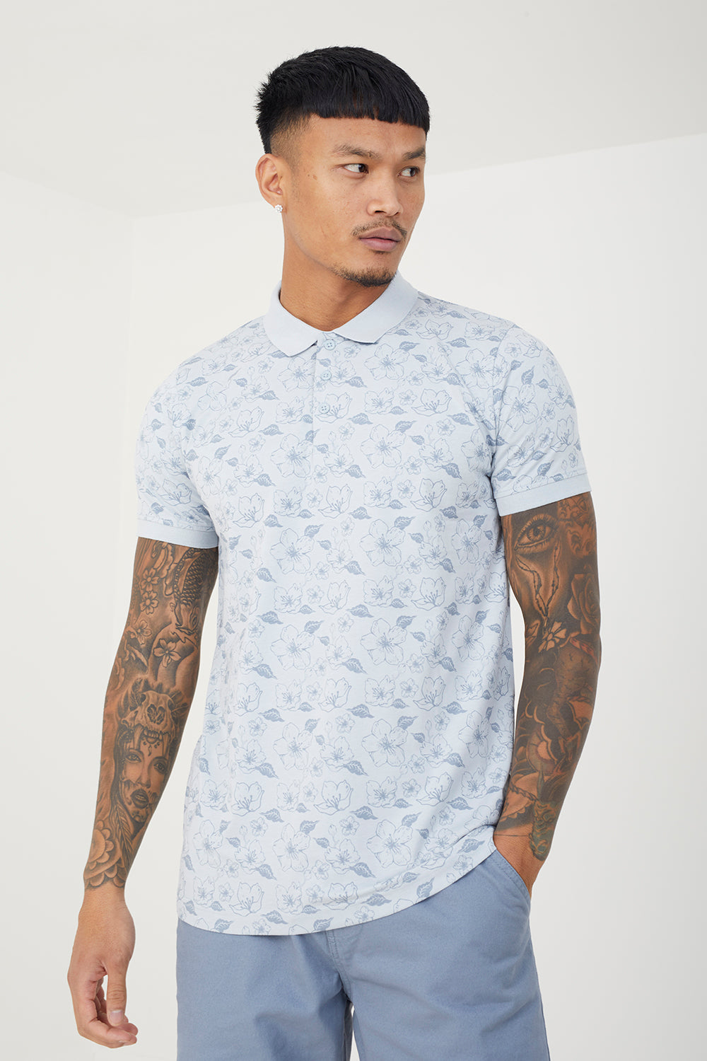 Brave Soul Baby Blue Cotton Print Polo Shirt - Baby Blue Image 1