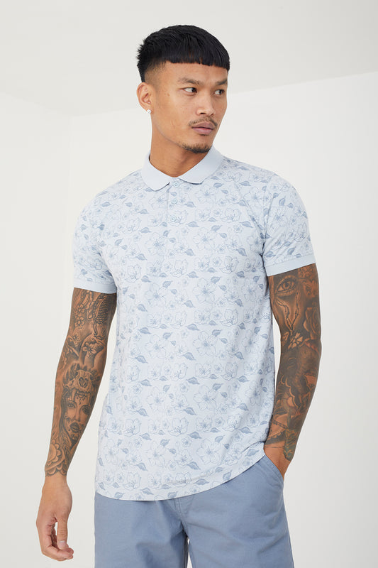 Brave Soul Baby Blue Cotton Print Polo Shirt - Baby Blue Image 1