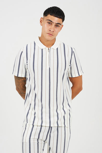 Brave Soul Cream Polo Shirt with Quarter Zip - Cream Image 1