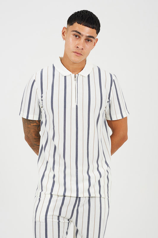 Brave Soul Cream Polo Shirt with Quarter Zip - Cream Image 1