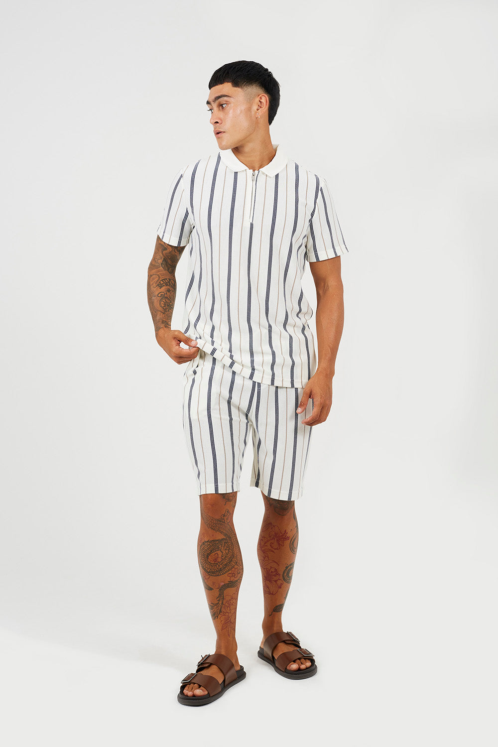 Brave Soul Cream Polo Shirt with Quarter Zip - Cream Image 3