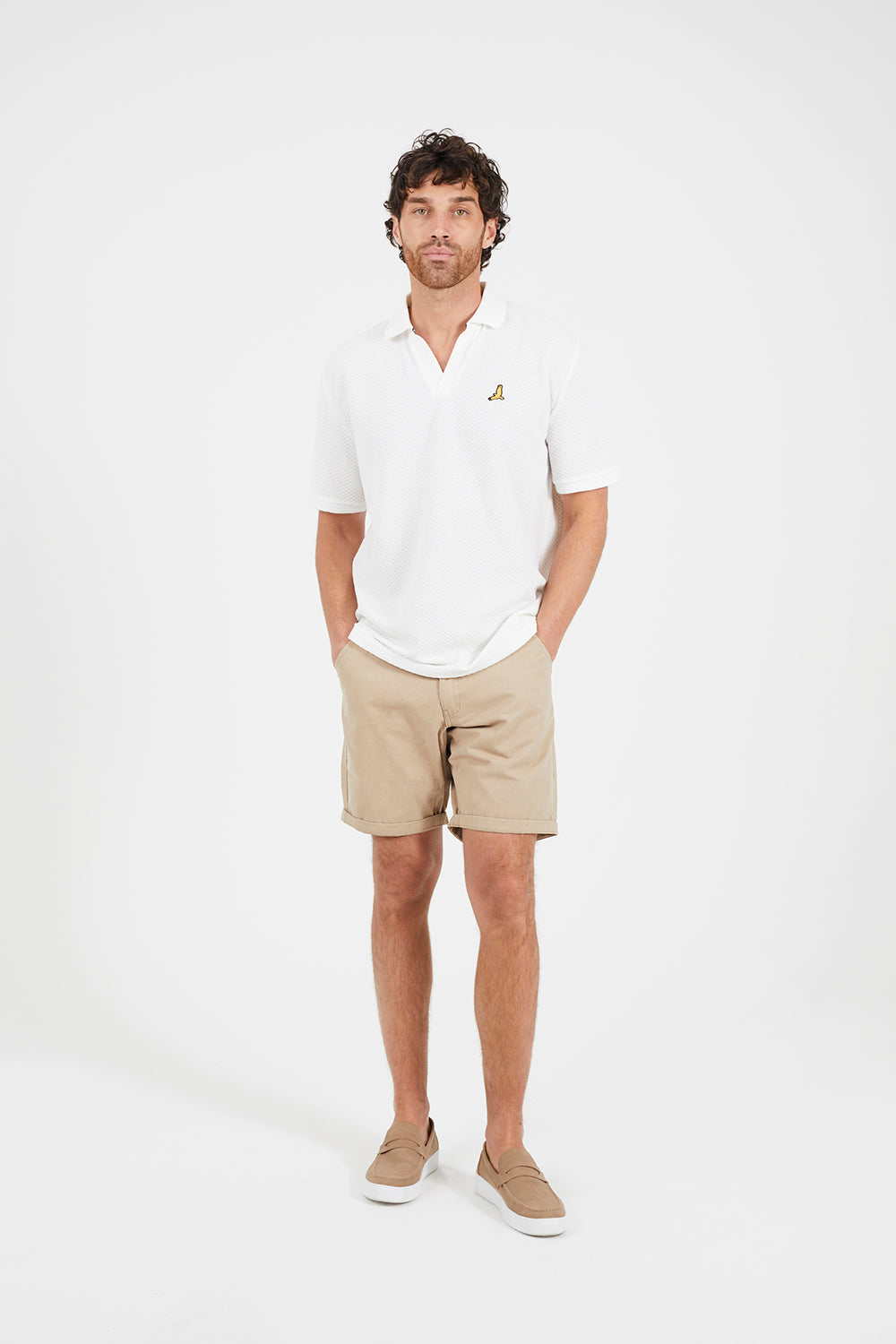 Brave Soul Cream Embroidered V-Neck Polo Shirt - Cream Image 3