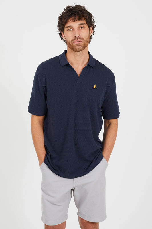Brave Soul Navy Embroidered V-Neck Polo Shirt - Navy Image 1
