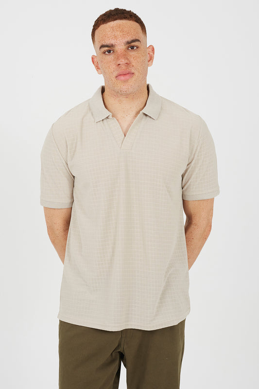 Brave Soul Stone Trophy Neck Jacquard Polo Shirt - Stone Image 1