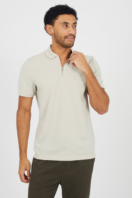 Brave Soul Light Stone Textured Short Sleeve Quarter Zip Polo Shirt - Light Stone Image 1
