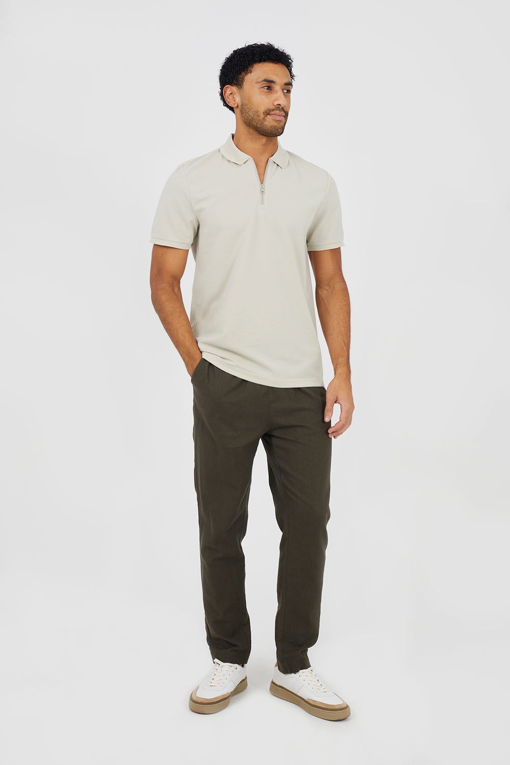 Brave Soul Light Stone Textured Short Sleeve Quarter Zip Polo Shirt - Light Stone Image 3