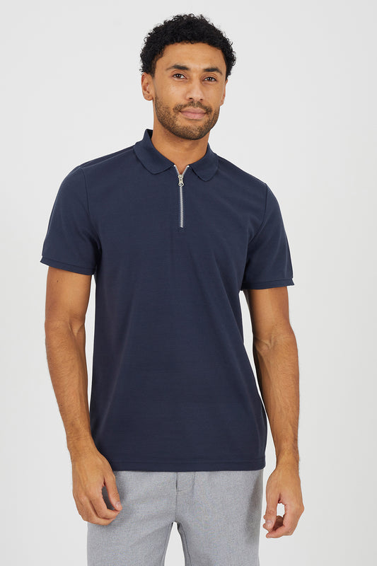 Brave Soul Navy Textured Short Sleeve Quarter Zip Polo Shirt - Navy Image 1