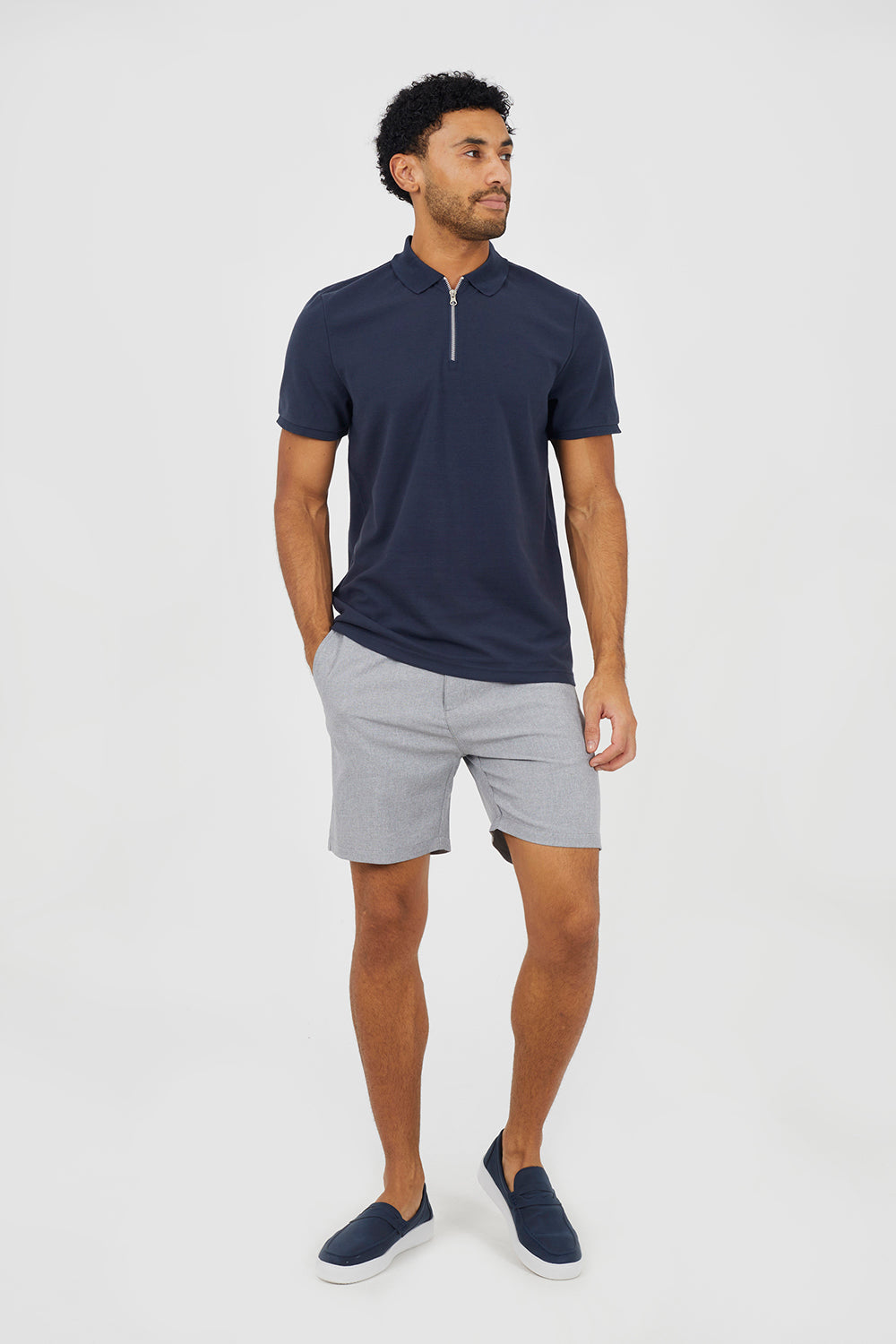 Brave Soul Navy Textured Short Sleeve Quarter Zip Polo Shirt - Navy Image 3