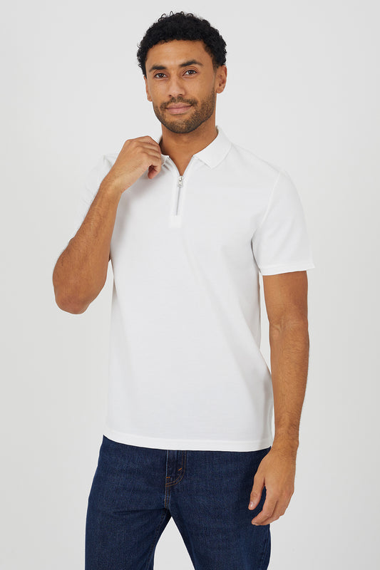 Brave Soul Cream Textured Short Sleeve Quarter Zip Polo Shirt - Cream Image 1