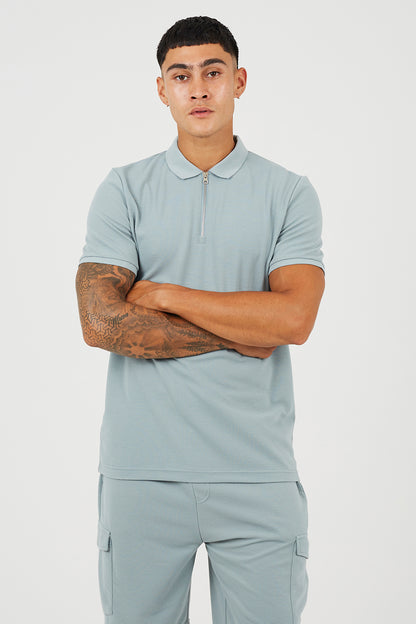 Brave Soul Light Blue Textured Short Sleeve Quarter Zip Polo Shirt - Light Blue Image 1