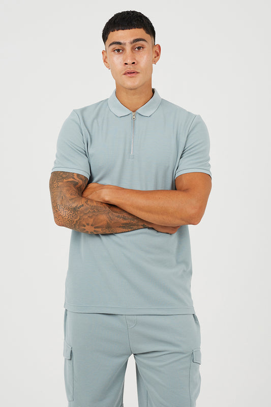 Brave Soul Light Blue Textured Short Sleeve Quarter Zip Polo Shirt - Light Blue Image 1