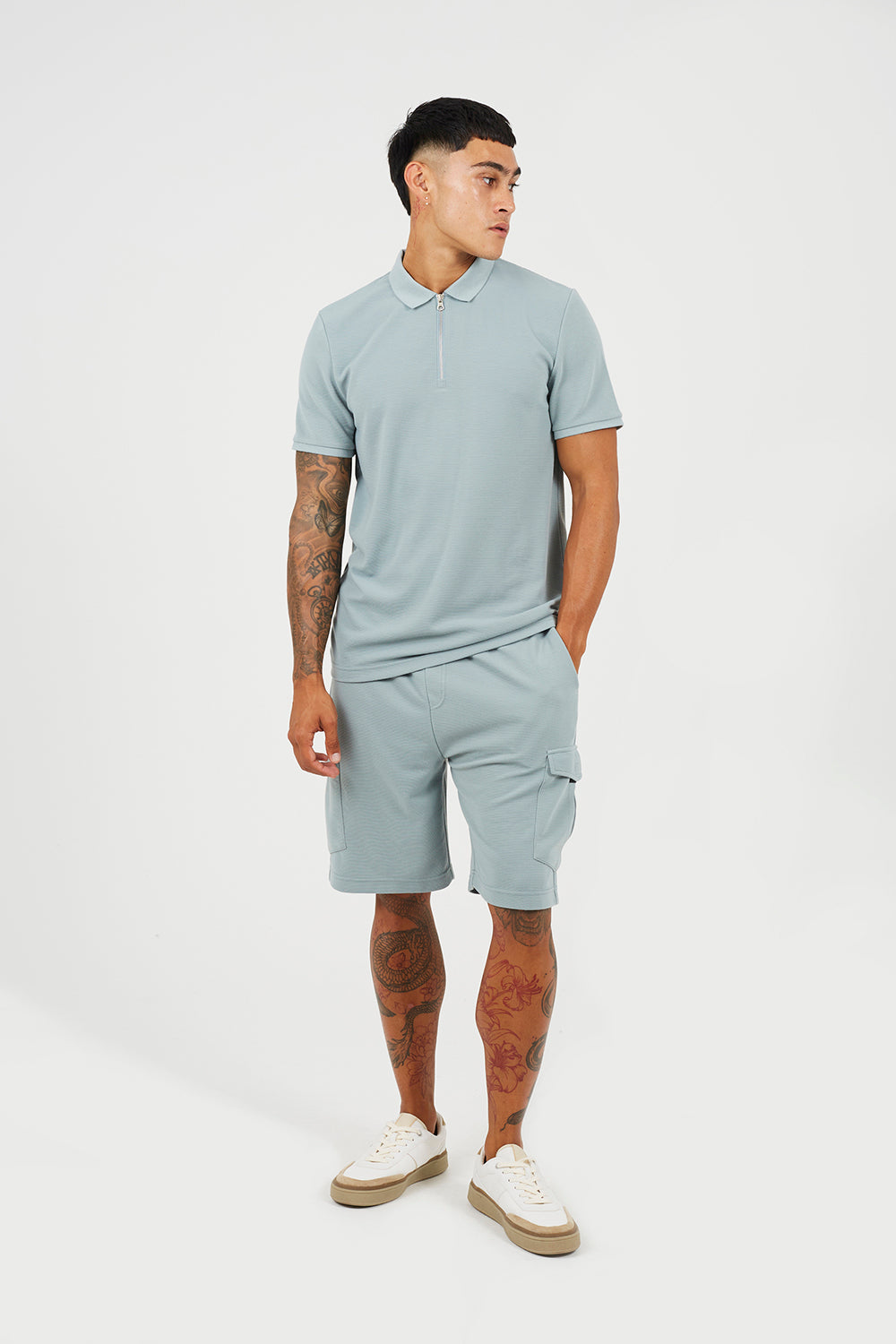 Brave Soul Light Blue Textured Short Sleeve Quarter Zip Polo Shirt - Light Blue Image 3