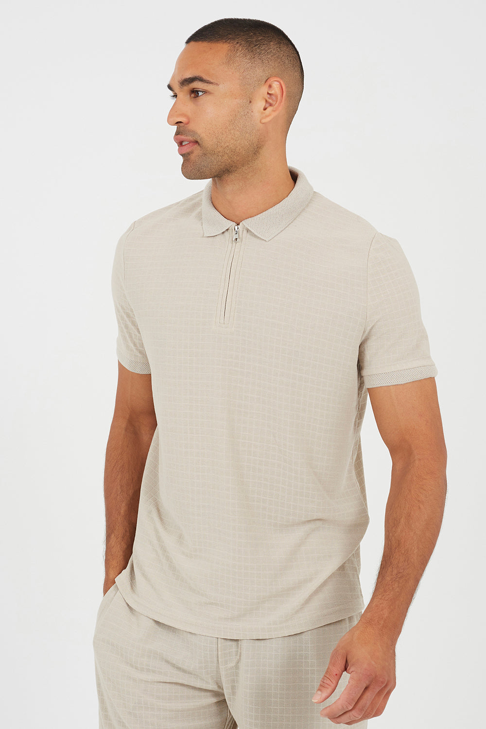 Brave Soul Stone Zip-Neck Polo Shirt - Stone Image 1