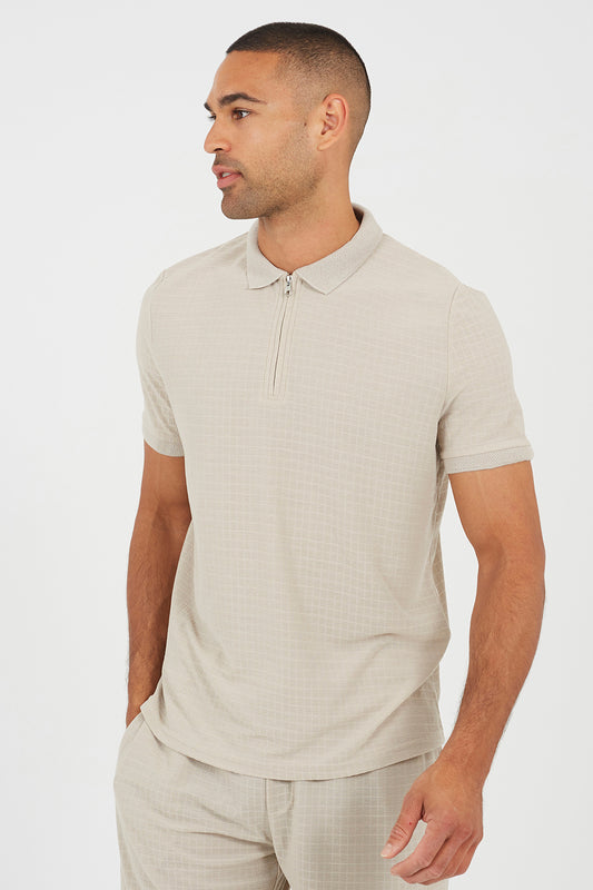Brave Soul Stone Zip-Neck Polo Shirt - Stone Image 1