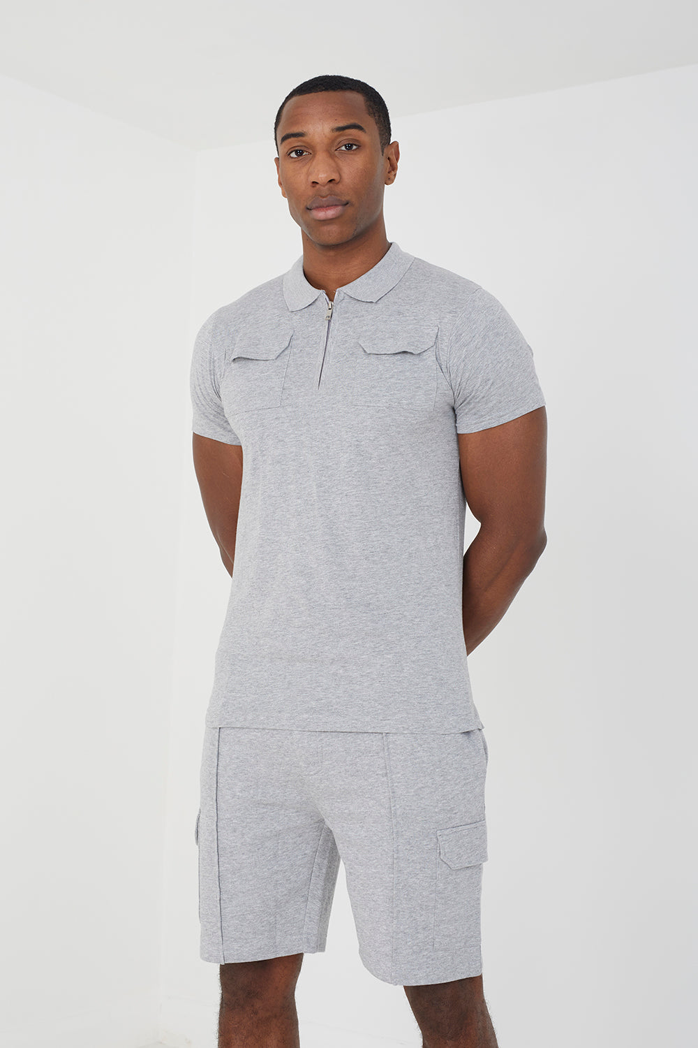 Brave Soul Light Grey Polo Shirt & Short Co-ord Set - Light Grey Image 1