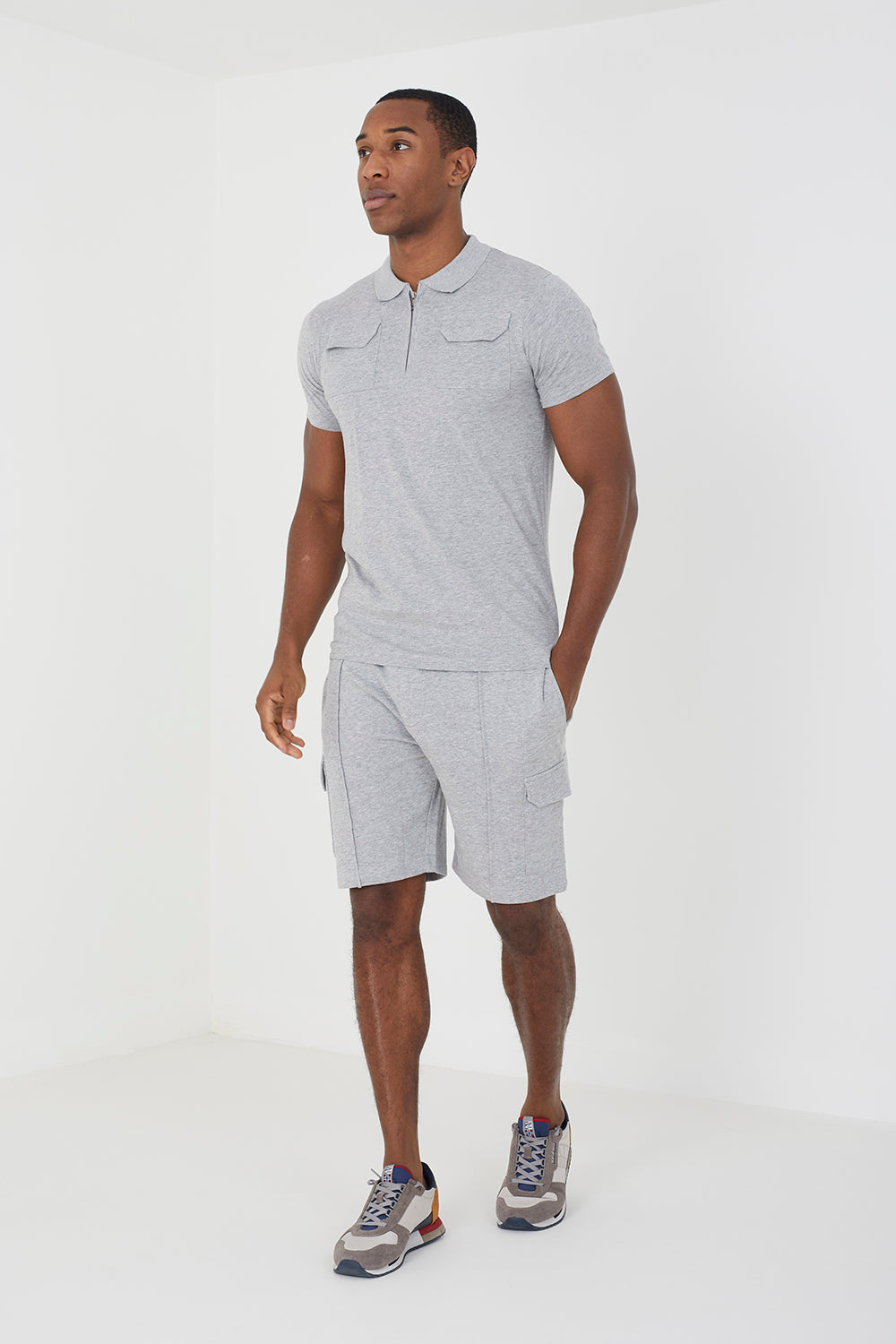 Brave Soul Light Grey Polo Shirt & Short Co-ord Set - Light Grey Image 3