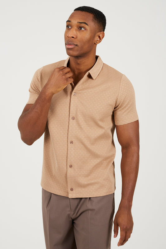 Brave Soul Taupe Short Sleeved Textured Shirt - Taupe Image 1