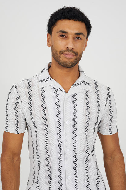 Brave Soul White Wavy Stripe Revere Collar Short Sleeve Shirt - White Image 4