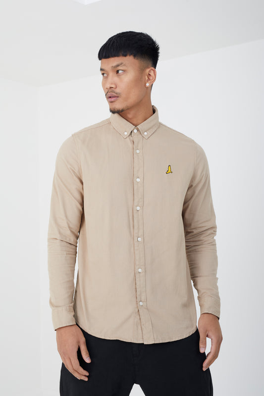 Brave Soul Stone Cotton Long Sleeve Oxford Shirt - Stone Image 1