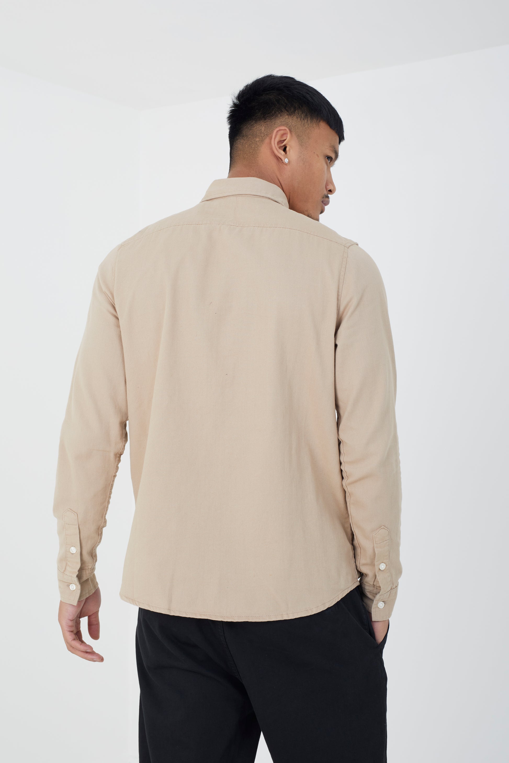 Brave Soul Stone Cotton Long Sleeve Oxford Shirt - Stone Image 2