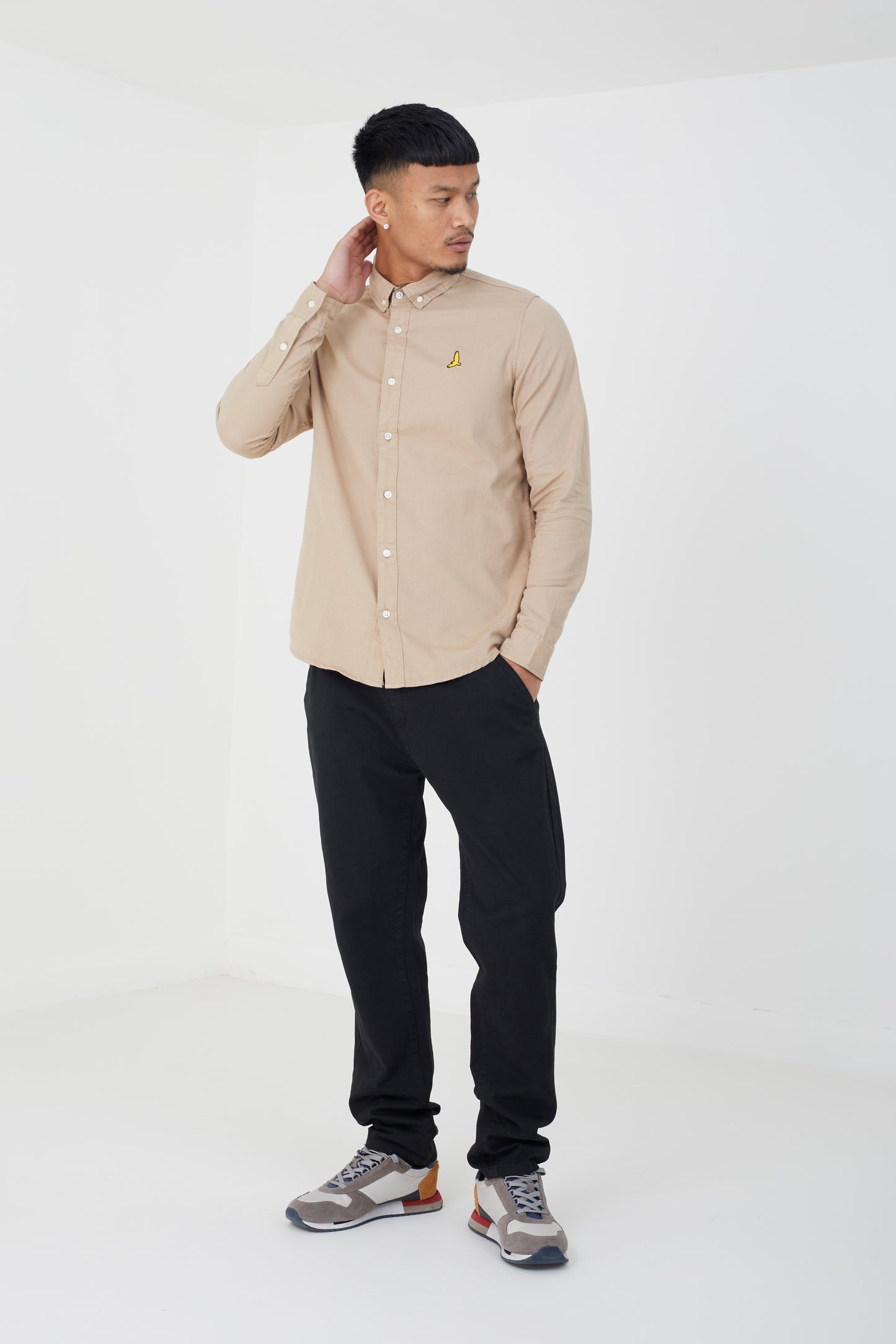 Brave Soul Stone Cotton Long Sleeve Oxford Shirt - Stone Image 3