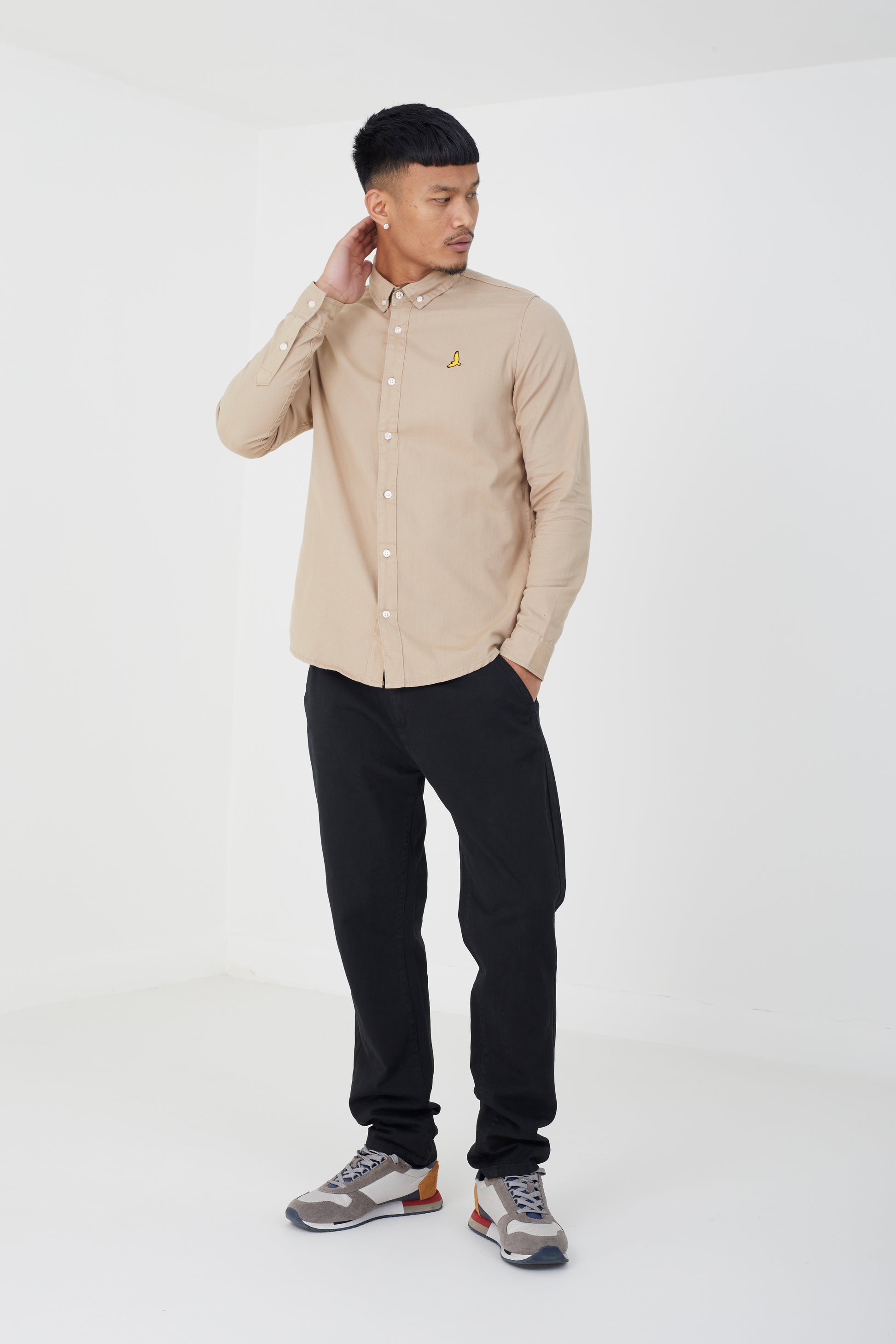 Brave Soul Stone Cotton Long Sleeve Oxford Shirt - Stone Image 3
