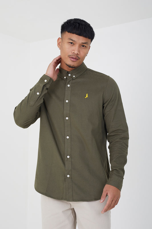 Brave Soul Khaki Cotton Long Sleeve Oxford Shirt - Khaki Image 1