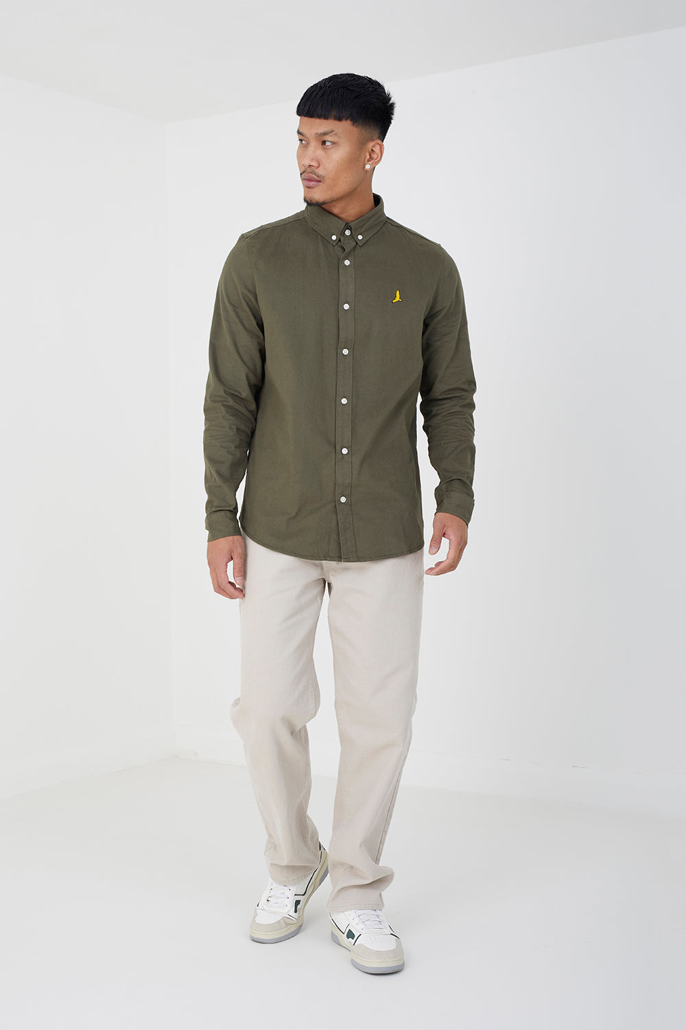 Brave Soul Khaki Cotton Long Sleeve Oxford Shirt - Khaki Image 3