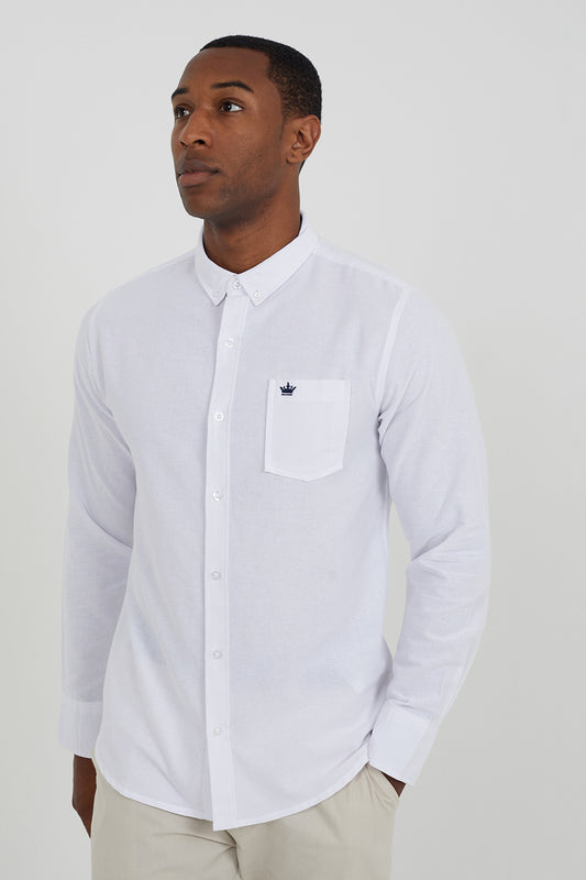 Brave Soul White Cotton Long Sleeve Oxford Shirt - White Image 1