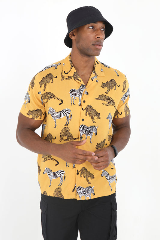 Brave Soul Mustard Short Sleeve Print Shirt - Mustard Image 1