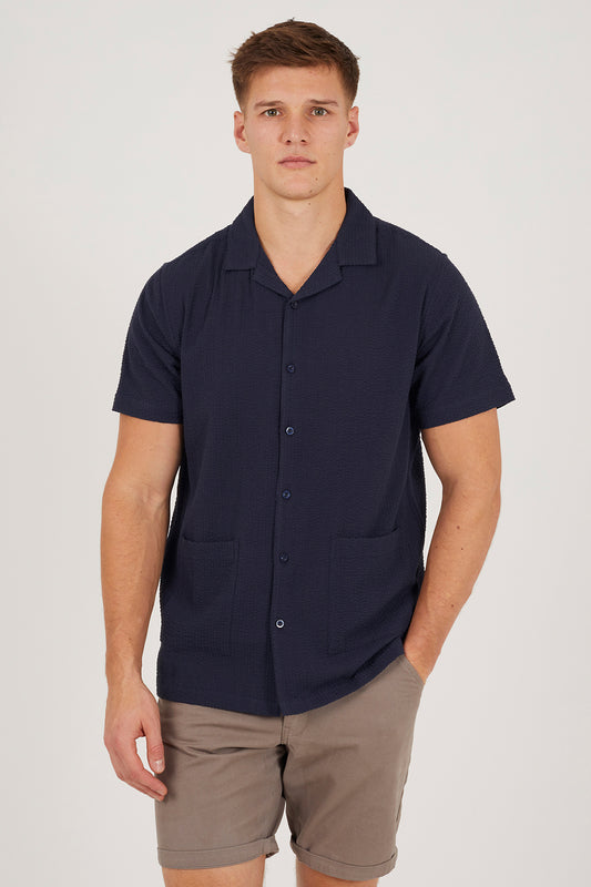 Brave Soul Navy Revere Collar Patch Pocket Short Sleeve Shirt - Navy Image 1