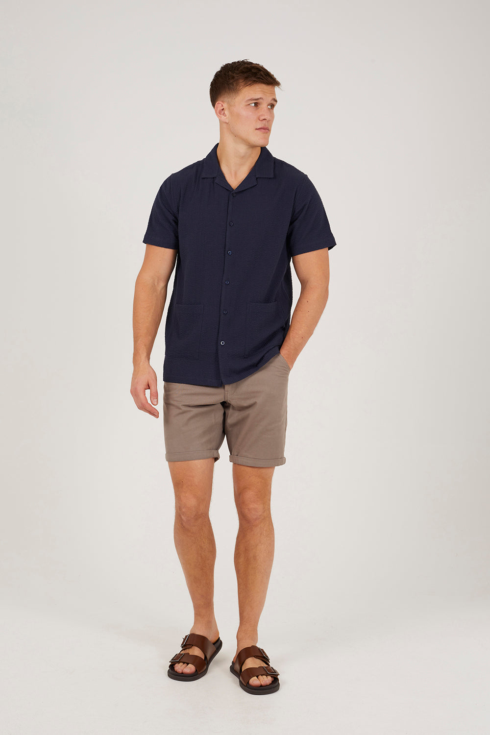 Brave Soul Navy Revere Collar Patch Pocket Short Sleeve Shirt - Navy Image 3
