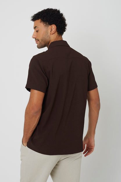 Brave Soul Chocolate Textured Revere Collar Short Sleeve Shirt - Chocolate Image 2