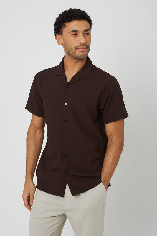 Brave Soul Chocolate Textured Revere Collar Short Sleeve Shirt - Chocolate Image 1
