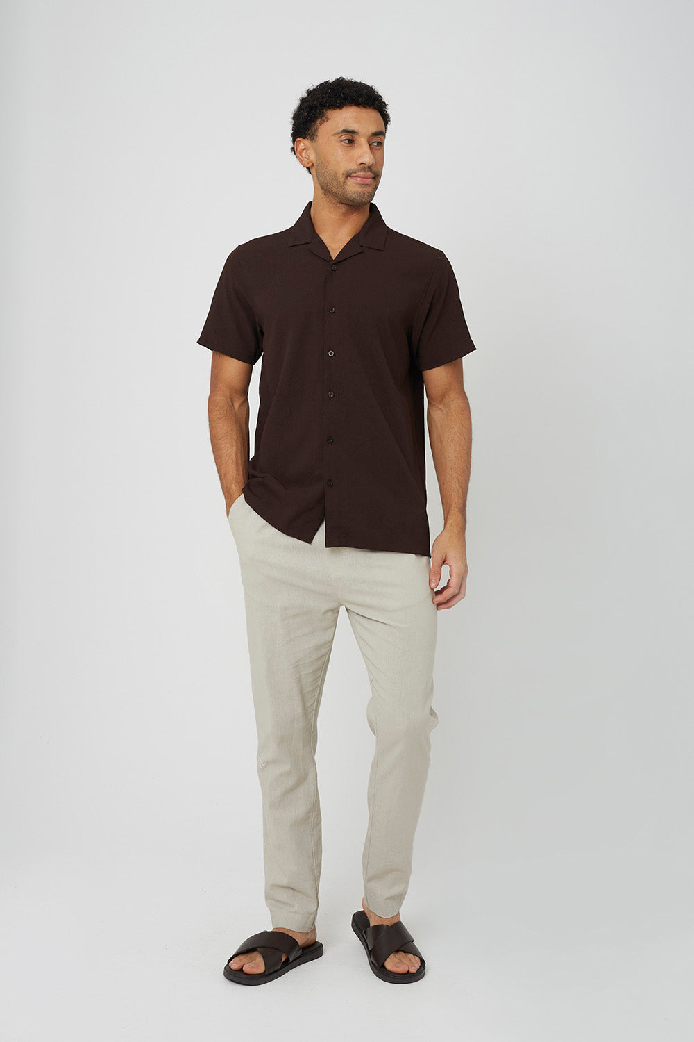Brave Soul Chocolate Textured Revere Collar Short Sleeve Shirt - Chocolate Image 3