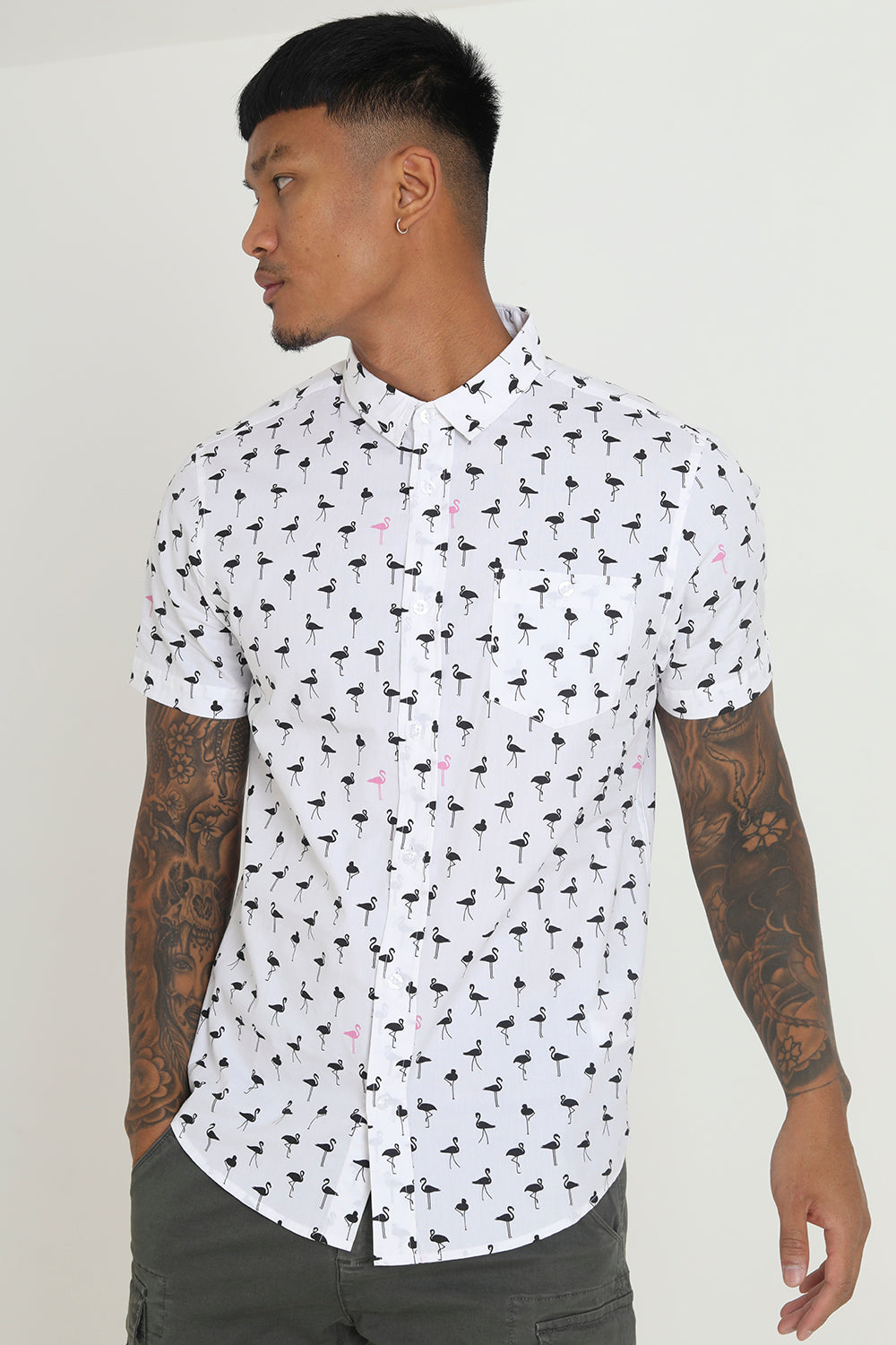 Brave Soul White Short Sleeve Flamingo Print Cotton Shirt - White Image 1