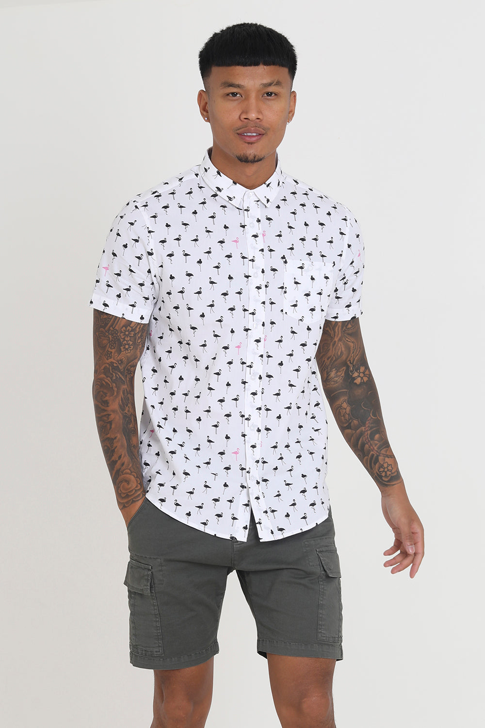 Brave Soul White Short Sleeve Flamingo Print Cotton Shirt - White Image 3
