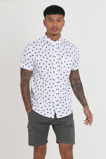 Brave Soul White Short Sleeve Flamingo Print Cotton Shirt - White Image 3