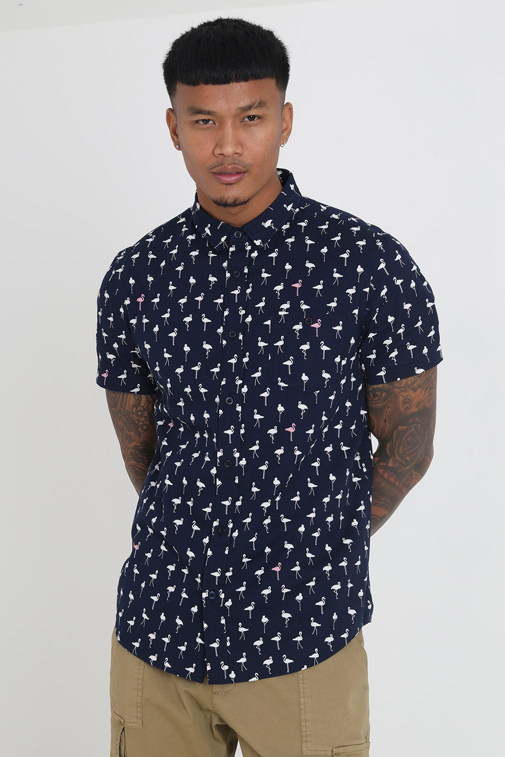 Brave Soul Navy Short Sleeve Flamingo Print Cotton Shirt - Navy Image 1