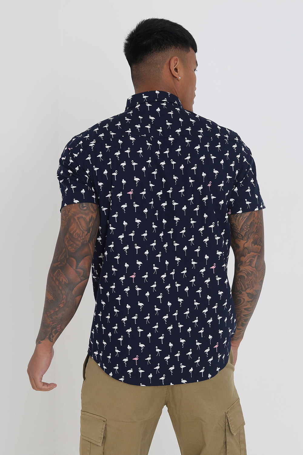Brave Soul Navy Short Sleeve Flamingo Print Cotton Shirt - Navy Image 2
