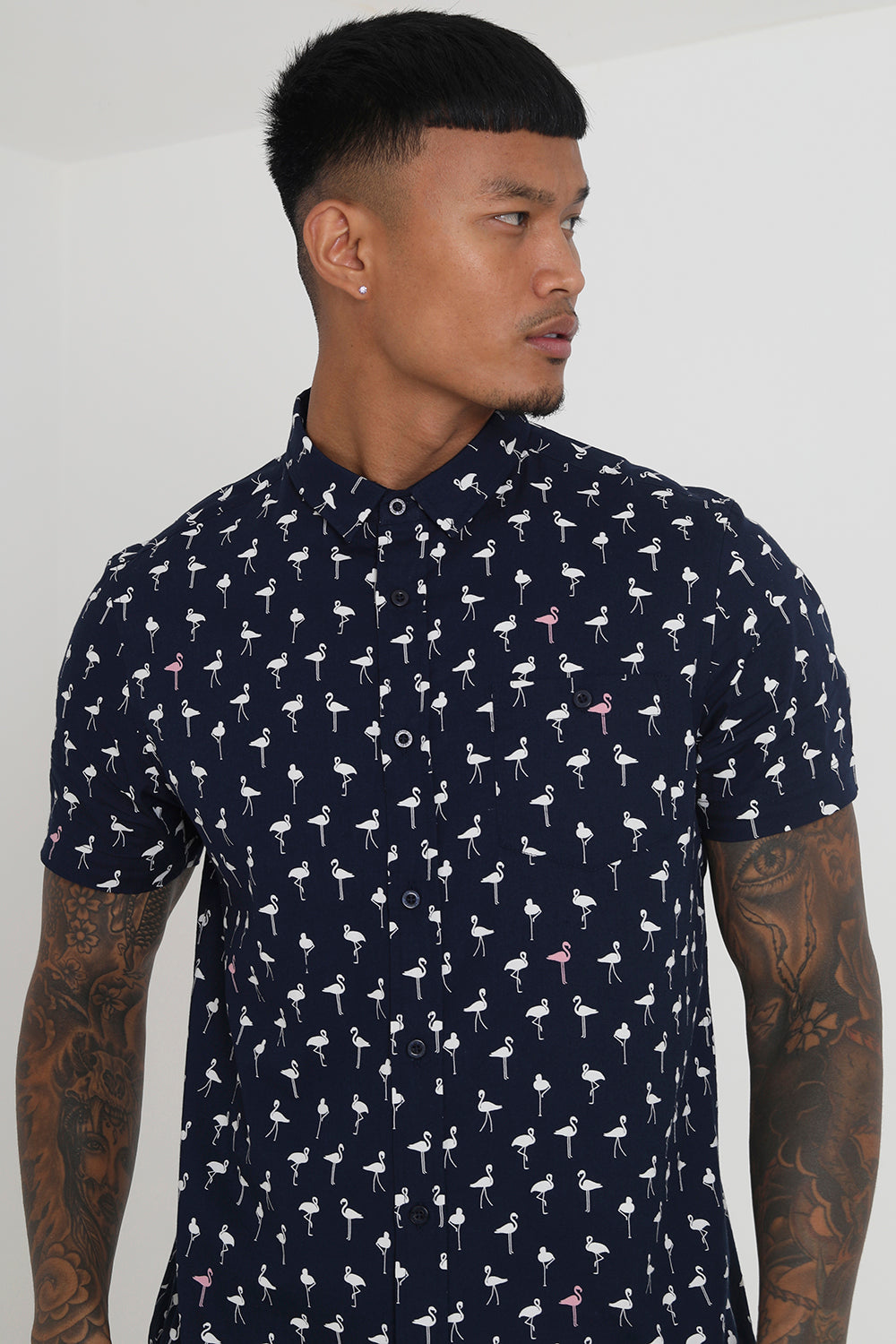Brave Soul Navy Short Sleeve Flamingo Print Cotton Shirt - Navy Image 3