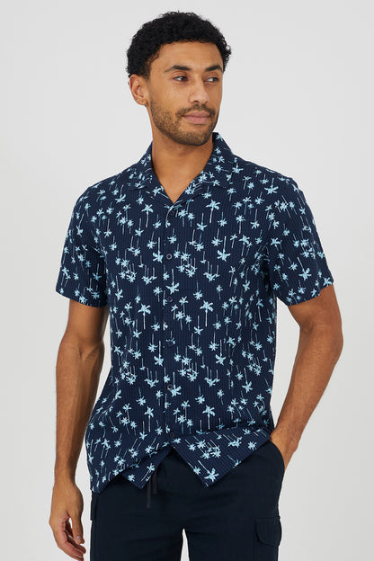 Brave Soul Navy Printed Revere Collar Shirt - Navy Image 1