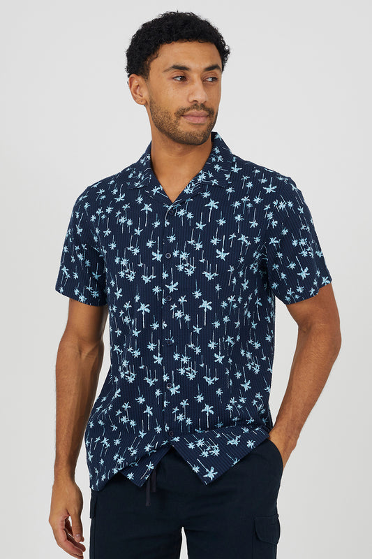 Brave Soul Navy Printed Revere Collar Shirt - Navy Image 1