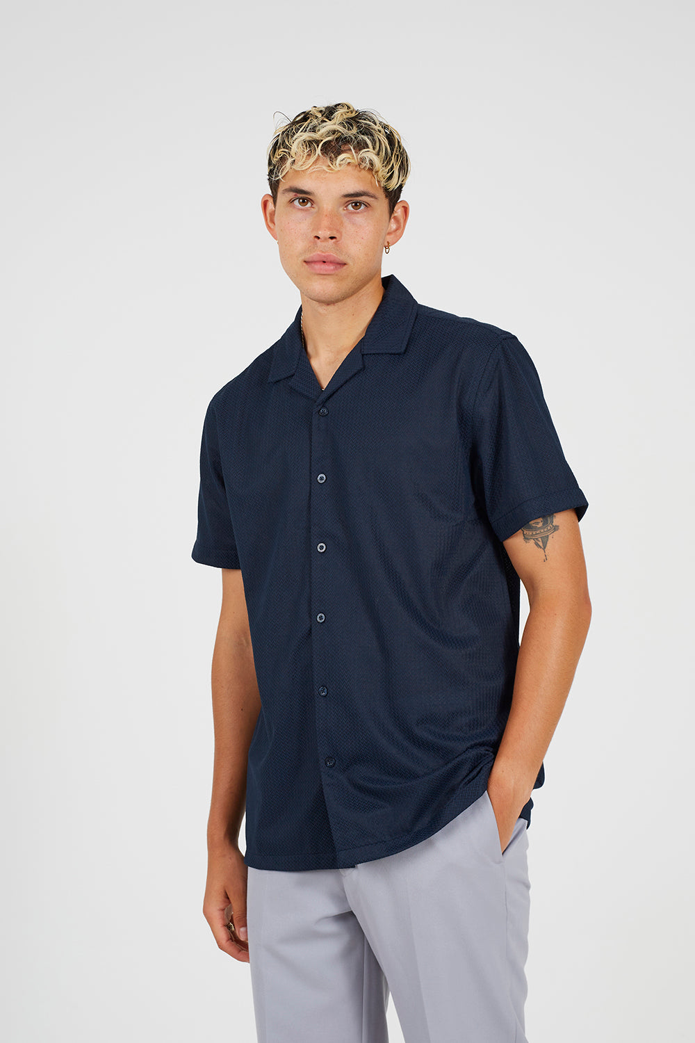 Brave Soul Navy Revere Collar Short Sleeve Shirt - Navy Image 1