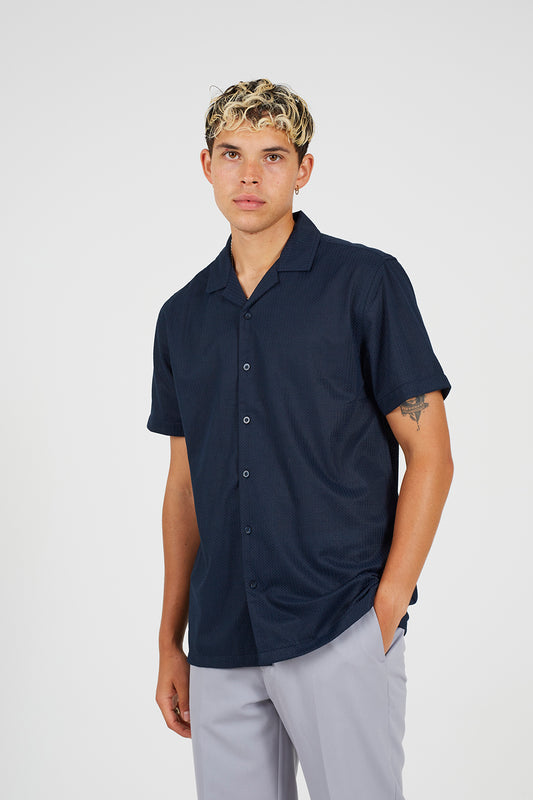 Brave Soul Navy Revere Collar Short Sleeve Shirt - Navy Image 1