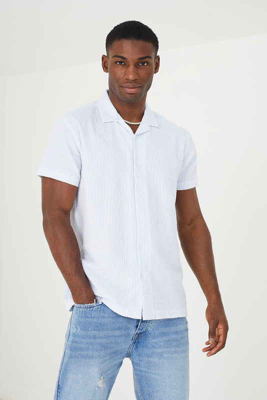 Brave Soul Blue Cotton Short Sleeve Revere Collar Shirt - Blue Image 1