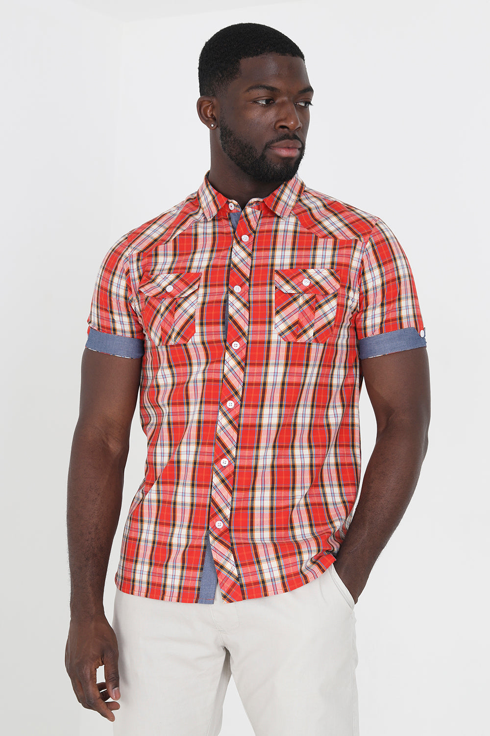 Brave Soul Red Cotton Short Sleeve Check Shirt - Red Image 1